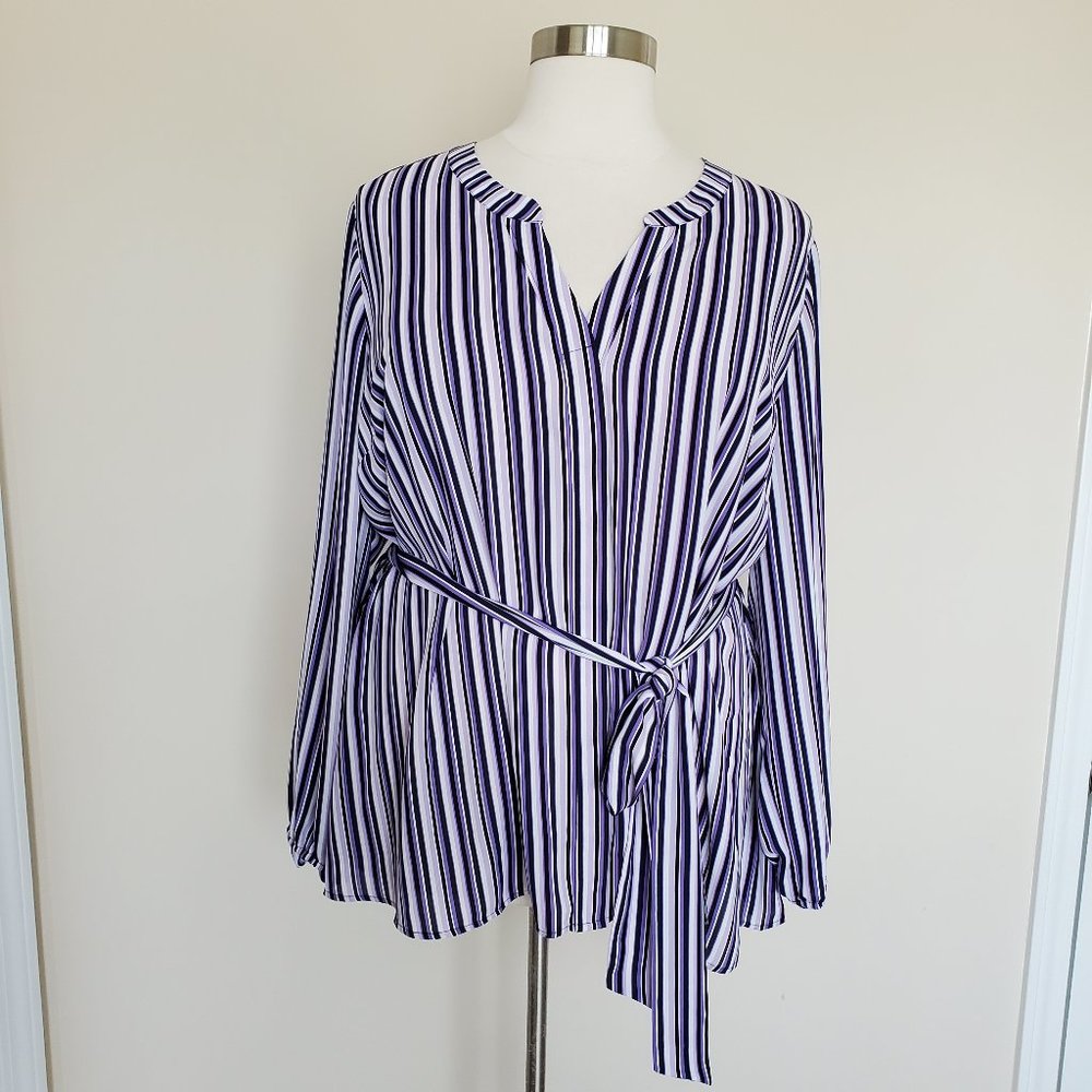 Lane Bryant Fits Flatter Plus Size 24 Belted Tunic Top Purple Black Stripe NWT